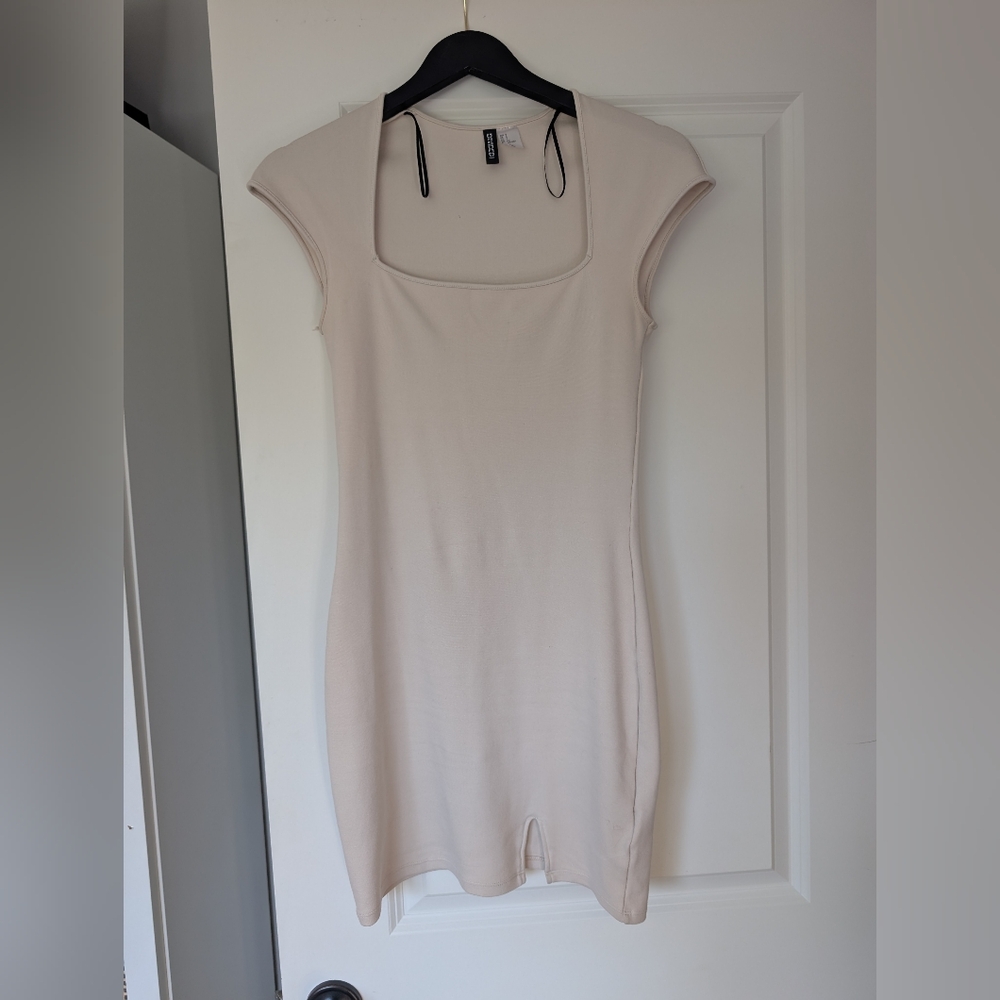 Square Neck, Cap Sleeve Dress - Beige